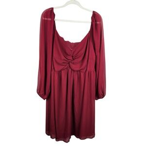 Pinup Fashion Plus Size 26W Dress Long Sleeve Burgundy Smocked Sweetheart‎